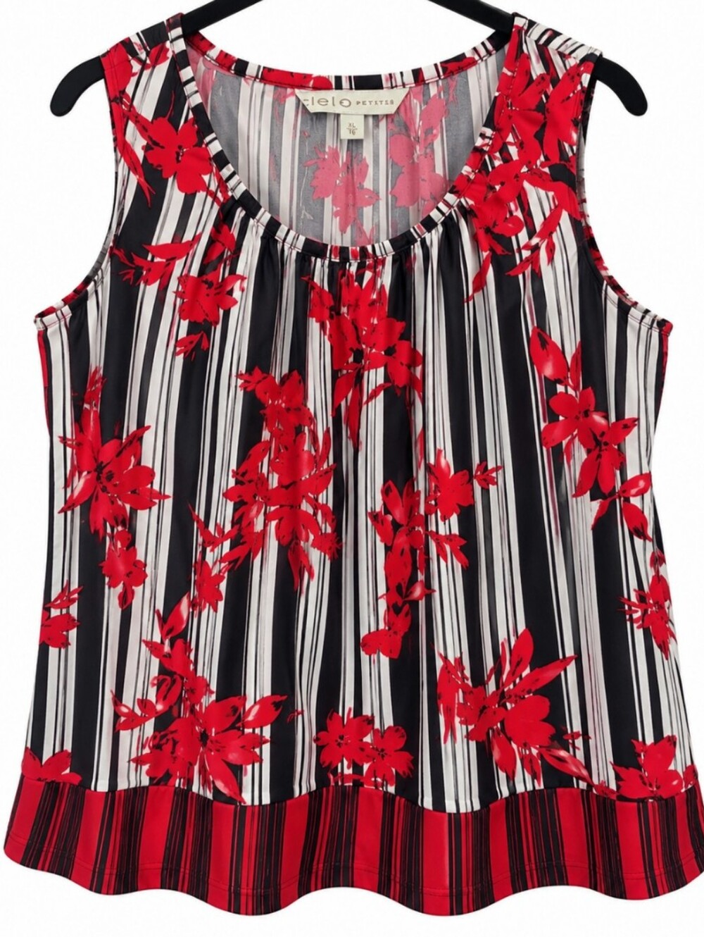 Cleo Petites Women’s XL Sleeveless Floral Striped Blouse Red Black